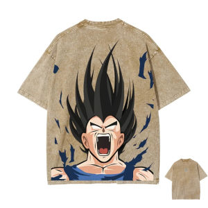 Bandai | Dragon Ball Vegeta Rage Form Vintage Washed T-Shirt High Combustion High Street Style Short Sleeve Summer Mens and Womens Top
