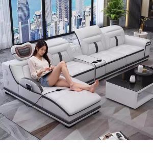 Modern Minimalist Electric Intelligent Leather Sofa Set Living Room Top Layer Cowhide L-Shaped Furniture Wooden Structure