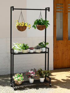Internet Celebrity Flower Stand Balcony Iron Storage Rack Double-Layer Indoor Floor Step Jardiniere Moving Wheels Flower Rack