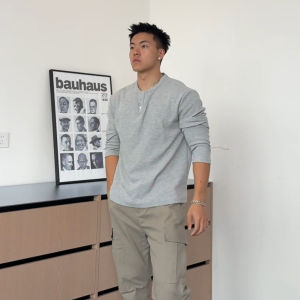 ZHUOCAN | Light Gray Henley Neck Long Sleeve Polo T Shirt