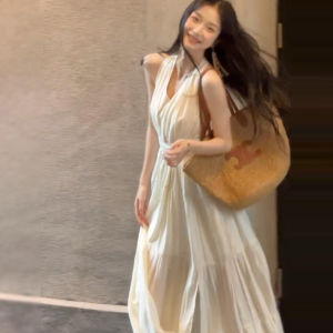 Dear Bird | Beach Vacation Red Hanging Neck Strap Dress Womens Summer New High-End Waist-Cinching Beach Long Skirt Sweet Style A-Line