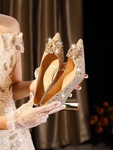 Gold High Heels Womens Comfortable Thick Heel Two-Way Wear Bride Shoes Elegant Fashion Single Shoes for Wedding Parties