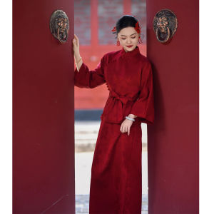 Elegant Chinese Style Long Sleeve Wedding Dress Red Qipao Half Skirt Bridal Morning Robe Engagement Long Dress Wedding Set