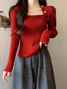 เสื้อสเวตเตอร์ถักสีแดงคอเหลี่ยมสไตล์ฝรั่งเศสสำหรับผู้หญิง เสื้อชั้นในสั้น ทรงหลวม ทรงเข้ารูป ทรงปกติ แขนยาว ฤดูใบไม้ร่วง 2023