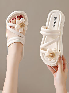 Sweet Style Flat Heel Thick Sole PVC Chemical Fiber Slippers for Women Summer 2024 New Arrival Beach Wear Casual Slippers for Middle-aged and Elderly