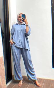 Kakeko piyama batwing berkerah rayon twill set celana lengan panjang warna polos