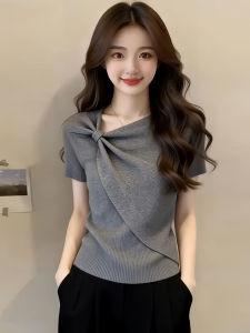Shalldoer | Elegant Beauty Atmosphere Bow Short Sleeve Knitted Blouse