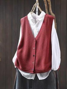 Áo Len Dệt Kim Không Tay Cổ Chữ V Màu Trơn Dáng Rộng Cho Nữ Áo Khoác Ngoài Mùa Xuân Thu Áo Len Cardigan Dệt Kim