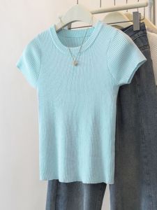 Blue Ice Silk Knitted Short Sleeve T-Shirt Womens Summer round Neck Unique Beautiful Short Style Thin Flying Sleeve Top