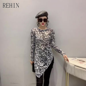 REHIN Womens top Floral print irregular round neck long sleeve T-shirt thin elegant blouse