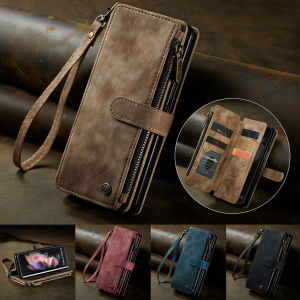 Vintage Suede Z Fold 3 4 Wallet Case Leather Flip Cover Multi-Slot Card Holder Zipper Pouch Samsung Galaxy Z Fold 4 Casing Full Body Shockproof Protective Phone Case with Strap