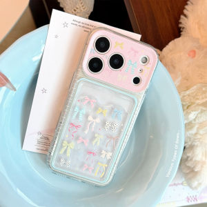 Korean Colorful Bowknot Card Holder Phone Case For iPhone 17 Air 16 15 14 13 12 11 Pro Max XS XR X Clear Shockproof Soft Cover