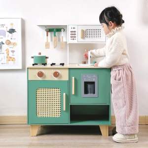KiddieStore Vintage Green Wooden Kitchen Playset Kids Pretend Play Set Cooking Toy with Cooking Utensils