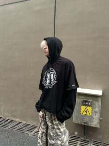 Limited Edition 24ss Grailz Learl Double Head Bird Print Hooded Long Sleeve Sweatshirt Fake Two-Piece Patchwork Youth Fashion