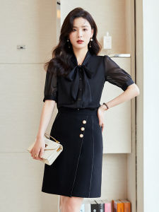 Elegant Black Silk Chiffon Womens Shirt with Butterfly Knot Design Spring 2025 Early Fashion Sensation A-Line Skirt Set