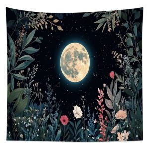 VIKAMA Full Moon Wildflower Night Scene Tapestry Natural Plants Bohemian Style Wall Hanging Bedroom Dormitory Home Decoration