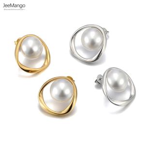JeeMango Hollow Out วงกลมเลียนแบบไข่มุกสแตนเลสผู้หญิงต่างหูแฟชั่นเครื่องประดับกันน้ําคริสต์มาสของขวัญ E25022