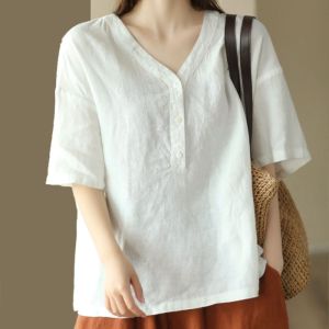 HUAXUNRAN | Cotton Linen Loose Large Size Slim T-Shirt for Middle-aged Women
