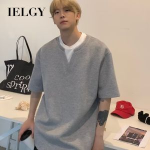 IELGY เสื้อผู้ชายทรงหลวมเรียบง่ายเข้ากับทุกชุดสไตล์เกาหลีเสื้อยืดคอวีฤดูร้อน