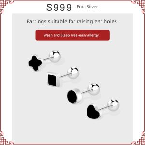 Screw Tightening Buckle Womens Four-Leaf Geometric Heart Shape Earrings Pure Silver