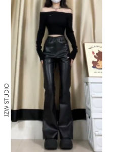 กางเกงยีนส์ทรงขาบานเอวสูงสำหรับผู้หญิง ทรงเข้ารูป ทรงเข้ารูป สไตล์มอเตอร์ไซค์สุดเท่ กางเกงขายาวทรงขาบานสีดำ แฟชั่นฤดูใบไม้ร่วง