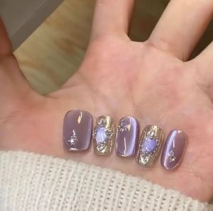 Handmade Nail Tips Purple Bouclé Ice Transparent Cat Eye Diamond Decorated Wearable Nail Art False Nails Beauty Tools