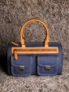 Cangpike Womens Handbag 2025 New Denim Patchwork Top Layer Cowhide Shoulder Bag Leather Boston Bag Elegant Style Detachable Strap