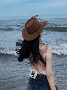 Casual Western Cowboy Hat for Women Large Brim Artificial Leather Sun Protection Ideal for Travel Hiking and Birthday Parties