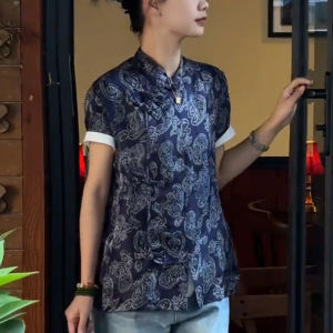 UYFY | Áo sơ mi tay ngắn họa tiết in hoa cổ đứng dáng ôm vừa vặn phong cách Trung Hoa cổ điển mùa hè mới cho nữ