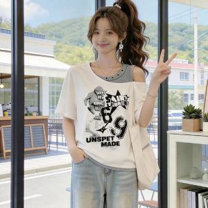 AIYITI | Sloped Shoulder Fake Two-Piece Loose T-Shirt For Plus Size