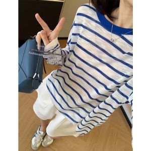 HUOLISI | Breathable Cool Bamboo Linen Contrast Stripe Long Sleeve T-shirt