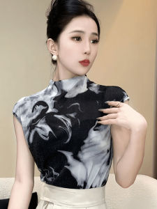 Fashionable Tie-Dye Slim Fit High Collar Short Sleeve T-Shirt Womens Summer New Style Ink Wash Painting Collar Top