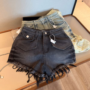 Quần Short Denim Cạp Cao Mùa Hè 2024 Cho Nữ Quần Short Rách Màu Đen Đa Năng Thời Trang Hợp Thời Trang Cỡ Nhỏ