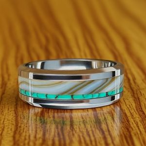 Women Wedding Band Polished Stainless Steel Rings Mens Fashion 8MM Luxury Agate Stone Inlay Steel Ring Party Accessories Gift