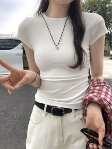 White Shoulder Short Sleeve T-Shirt Womens Summer Slim Fit Inner Wear Slim Looking Bottoming Shirt Sweet and Chic Waist Trimming Versatile Tops