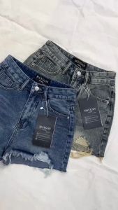 [พร้อมส่ง] Babarry Style - กางเกงขาสั้น ยีนส์ขาด เอวสูง สีฟอก เท่มีสไตล์ ยาว 12.5 นิ้ว