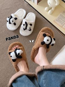 Thin Stripe For Home Single-Word Lamb Wool Cotton Shoes Flats Non Slip Womens Winter Cute Fashion Leaning Bear Cotton Slippers
