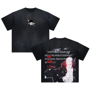 Bandai | ONE PIECE Mens and Womens Washed T-Shirt Roronoa Zoro Summer and Spring Anime Tee Retro Distressed Basics Short Sleeve