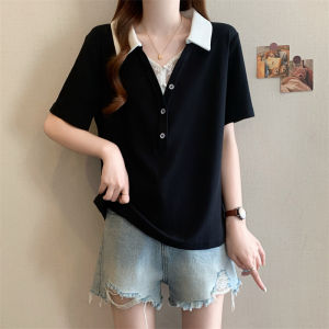AIYITI | Lace Polka Dot Polo Collar Short Sleeve T-Shirt Plus Size
