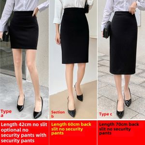 Black High Waist A-Line Mini Skirt Womens Spring Summer Slimming Split Workwear Commute Style Korean Version Cotton Material