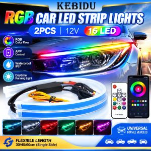 KEBIDU 2Pcs RGB LED Daytime Running Lights RF Wireless Remote Control 12V Waterproof Car Headlight Strip 30cm 45cm 60cm Easy Paste Install No Need To Remove Headlight