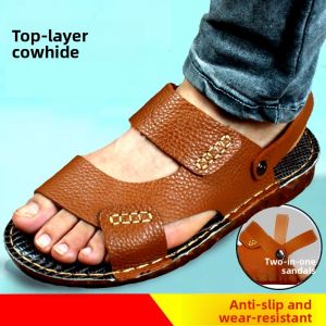 Summer Fashionable Cowhide Leather Sandals Casual Breathable Beach Shoes Two-Way Wear Youth Thick Bottom TPR Outsole Sandals