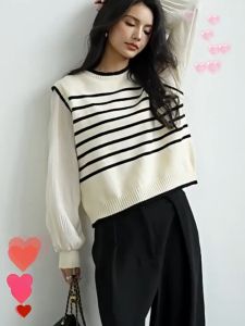 Korea Fashion Wanita Jahitan Rajut Retro Lengan Panjang Bergaris Atasan Rajut