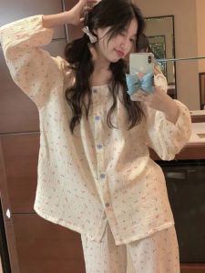 Bộ Đồ Ngủ Dài Tay Họa Tiết Hoa Đơn Giản Tươi Mới Thoải Mái Dễ Thương Áo Chui Đầu Cotton Pha Trộn Cho Nữ Mùa Xuân Thu