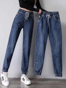 สูง เอว กางเกงขายาว ปักสไตล์ฮาราจูกุ เดนิม ขากว้าง กางเกงยีนส์ ผู้หญิง ฤดูใบไม้ผลิ ฤดูใบไม้ร่วง พลัสไซส์ พ่อ กางเกง