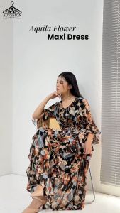 4992 Aquila Flower Strap Maxi Dress: Baju Panjang Elegan untuk Acara