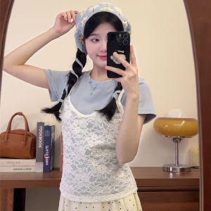 Áo Thun Nữ Tay Ngắn Ren Cổ Tròn Mùa Hè 2025 Áo Thun Cotton Pha Trộn Dáng Rộng Màu Trơn Thiết Kế Hai Mảnh Phong Cách Dễ Thương