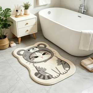 VIKAMA Cute Cat Wearing Bear Hat Irregular Rug Soft Fluffy Water Absorbent Non Slip Bathroom Floor Mat Home Decor