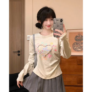 Áo Thun Nữ Tay Dài in Chữ Thắt Nút Bướm Màu Sắc Mùa Thu Cotton Co Giãn Cổ Tròn Dáng Ôm Vừa Vặn Ngắn