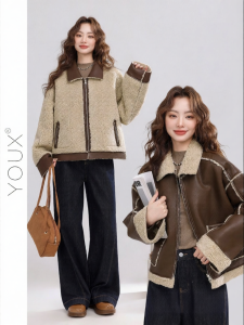 YOUXIANG | Áo Khoác Da Cừu Đội Kiểu Cổ Điển Có Thể Mặc Hai Mặt